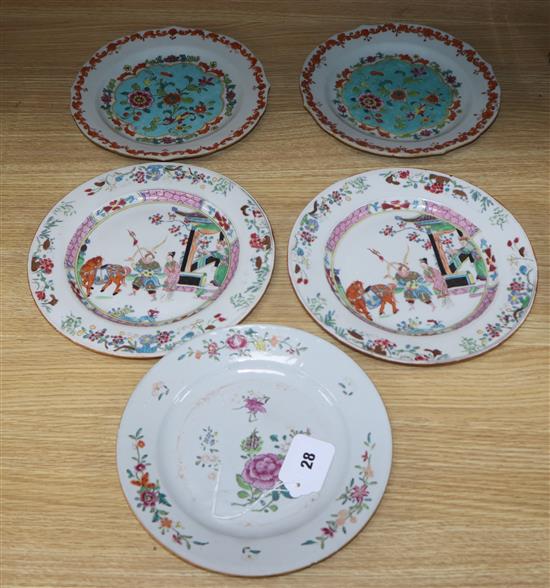 Five 18th century Chinese famille rose plates largest diameter 24cm